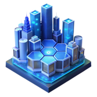 wonderful modern A futuristic cityscape, built on interconnected hexagonal platforms, bathed in the cool, blue light of holographic advertisements. Cyberpunk style, high contrast detailed png