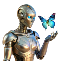 elegant contemporary A cyborg with intricate mechanical augmentations, gazing pensively at a shimmering, holographic butterfly. Steampunk style, soft lighting high quality png