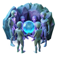 elegant abstract A group of humanoid aliens with iridescent skin, gathered around a glowing crystal orb, in a dimly lit cavern. Fantasy style, ambient lighting high quality png