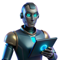 serene vintage A cyborg with glowing eyes, holding a futuristic data pad. Tech noir style, low-key lighting original png