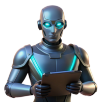 wonderful abstract A cyborg with glowing eyes, holding a futuristic data pad. Tech noir style, low-key lighting high quality png