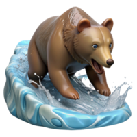 magnificent modern A grizzly bear fishing for salmon in a rushing river, with water droplets splashing around it, in a dynamic, realistic style original png