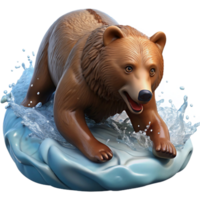 magnificent abstract A grizzly bear fishing for salmon in a rushing river, with water droplets splashing around it, in a dynamic, realistic style high resolution png
