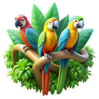 impressive rustic A group of colorful macaws perched on a rainforest branch, surrounded by lush vegetation, in a vibrant, impressionistic style professional png