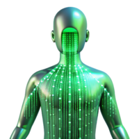 magnificent minimalist A stream of binary code flowing through a transparent human figure, neon green light, futuristic style high resolution png
