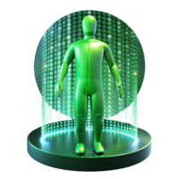 wonderful contemporary A stream of binary code flowing through a transparent human figure, neon green light, futuristic style high quality png