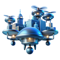 vibrant classic A group of drones flying in formation, city lights below, futuristic style high resolution png