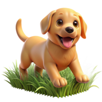 serene vintage A playful golden retriever puppy bounding through tall grass, dappled sunlight creating highlights on its fur, in a whimsical, cartoon style premium png