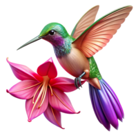beautiful rustic A vibrant hummingbird hovering near a fuchsia flower, its iridescent feathers catching the light, in a highly detailed macro photography style professional png