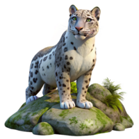 magnificent vintage A majestic snow leopard perched on a moss-covered rock, illuminated by soft, diffused sunlight filtering through a canopy of pine trees, rendered in a hyperrealistic style premium png