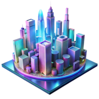 wonderful modern A futuristic city skyline composed of towering holographic buildings shimmering with neon light, viewed from a low angle with a tilt-shift effect, digital art style original png