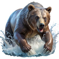 serene traditional A powerful grizzly bear fishing for salmon in a rushing river, spray from the water creating a misty atmosphere, in a dynamic, wildlife photography style high resolution png