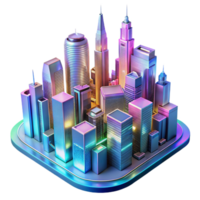 serene classic A futuristic city skyline composed of towering holographic buildings shimmering with neon light, viewed from a low angle with a tilt-shift effect, digital art style genuine png