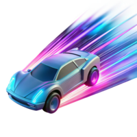 wonderful contemporary A futuristic vehicle speeding through a digital landscape, trails of light streaking behind it, illuminated by neon pink and blue lights, rendered in a dynamic style detailed png