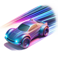 magnificent contemporary A futuristic vehicle speeding through a digital landscape, trails of light streaking behind it, illuminated by neon pink and blue lights, rendered in a dynamic style 4K png