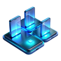magnificent artistic A group of futuristic, sleek smartphones displaying holographic interfaces, illuminated by cool blue light, rendered in a minimalist style high quality png