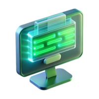 elegant modern A floating, transparent computer screen displaying complex code, illuminated by a cool green light, rendered in a futuristic style authentic png