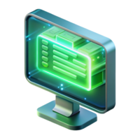 dramatic creative A floating, transparent computer screen displaying complex code, illuminated by a cool green light, rendered in a futuristic style original png