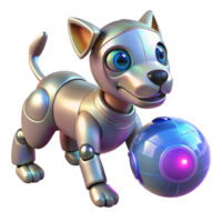 impressive contemporary A robotic dog interacting with a holographic ball, illuminated by a warm, inviting light, rendered in a photorealistic style authentic png