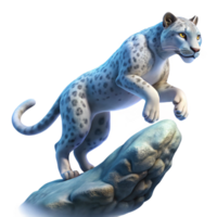 elegant creative A majestic snow leopard gracefully leaping across a chasm, illuminated by a soft, ethereal moonlight. Art style hyperrealistic high resolution png