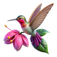 extraordinary modern A tiny hummingbird hovering near a vibrant fuchsia flower, captured in macro photography with a shallow depth of field. Sparkling bokeh effect. Art style photorealistic authentic png