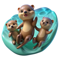 elegant minimalist A playful family of otters holding hands, floating on their backs in crystal-clear turquoise water. Sunlight streams through the surface. Art style whimsical premium png