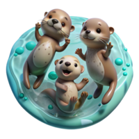 vibrant classic A playful family of otters holding hands, floating on their backs in crystal-clear turquoise water. Sunlight streams through the surface. Art style whimsical 4K png