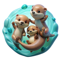 vibrant modern A playful family of otters holding hands, floating on their backs in crystal-clear turquoise water. Sunlight streams through the surface. Art style whimsical professional png