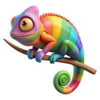 magnificent classic A vibrant chameleon perched on a branch, displaying a rainbow of colors against a backdrop of lush green leaves. Art style vibrant original png