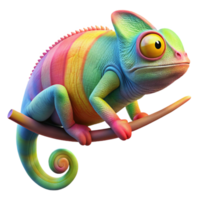 elegant minimalist A vibrant chameleon perched on a branch, displaying a rainbow of colors against a backdrop of lush green leaves. Art style vibrant high quality png