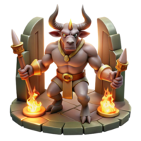 elegant artistic A powerful minotaur, half-man, half-bull, raging within a labyrinthine maze, dimly lit by flickering torches. Dark fantasy style professional png