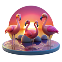 beautiful classic A group of flamingos standing in a shallow lake, reflecting the vibrant colors of the sunset. Art style serene authentic png