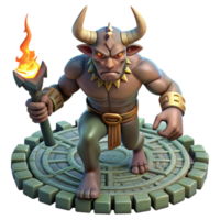 wonderful minimalist A powerful minotaur, half-man, half-bull, raging within a labyrinthine maze, dimly lit by flickering torches. Dark fantasy style exclusive png