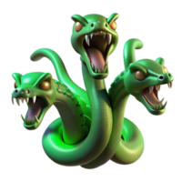 stunning artistic The hydra, its multiple heads hissing, bathed in the eerie green light of a swamp. Surrealist style genuine png