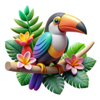 elegant abstract A colorful toucan perched on a branch, surrounded by exotic flowers. Art style tropical authentic png