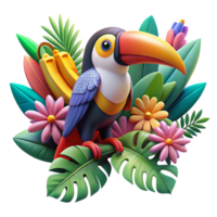 elegant contemporary A colorful toucan perched on a branch, surrounded by exotic flowers. Art style tropical original png