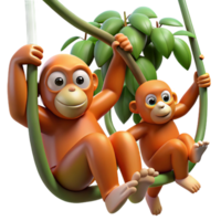 magnificent minimalist A family of orangutans swinging through the trees, with a backdrop of lush green jungle. Art style adventurous high resolution png