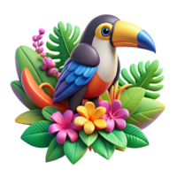 stunning minimalist A colorful toucan perched on a branch, surrounded by exotic flowers. Art style tropical professional png
