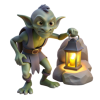 stunning contemporary A mischievous goblin scavenging for treasure in a dimly lit cave, illuminated by the flickering light of a lantern. Dark fantasy style premium png