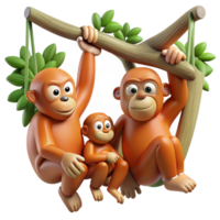 extraordinary classic A family of orangutans swinging through the trees, with a backdrop of lush green jungle. Art style adventurous high quality png