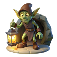 stunning vintage A mischievous goblin scavenging for treasure in a dimly lit cave, illuminated by the flickering light of a lantern. Dark fantasy style original png