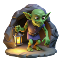 dramatic artistic A mischievous goblin scavenging for treasure in a dimly lit cave, illuminated by the flickering light of a lantern. Dark fantasy style genuine png