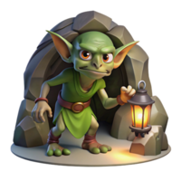 magnificent vintage A mischievous goblin scavenging for treasure in a dimly lit cave, illuminated by the flickering light of a lantern. Dark fantasy style exclusive png