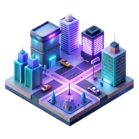 extraordinary abstract An isometric view of a futuristic city intersection with flying cars and holographic advertisements, bathed in the neon glow of the city lights, in a synthwave style premium png
