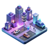 dramatic classic An isometric view of a futuristic city intersection with flying cars and holographic advertisements, bathed in the neon glow of the city lights, in a synthwave style exclusive png