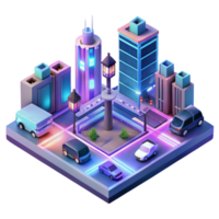 elegant abstract An isometric view of a futuristic city intersection with flying cars and holographic advertisements, bathed in the neon glow of the city lights, in a synthwave style professional png