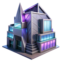 magnificent contemporary Deconstructivist office building, fragmented forms, sharp angles, metallic cladding, neon lights, cyberpunk style high quality png