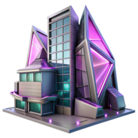 vibrant abstract Deconstructivist office building, fragmented forms, sharp angles, metallic cladding, neon lights, cyberpunk style high quality png