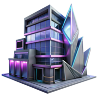 wonderful rustic Deconstructivist office building, fragmented forms, sharp angles, metallic cladding, neon lights, cyberpunk style authentic png