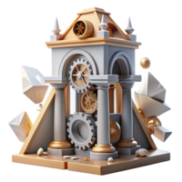 dramatic minimalist Deconstructed clock tower, fragmented elements and exposed gears, surreal style, dramatic lighting high quality png